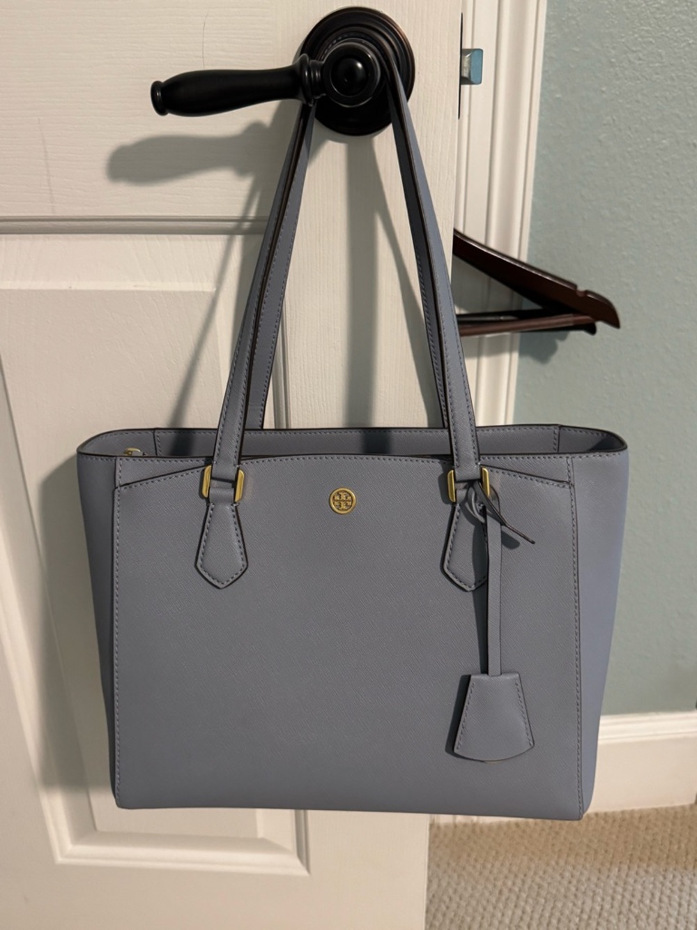Tory Burch Leather Tote in Light Gray-Blue